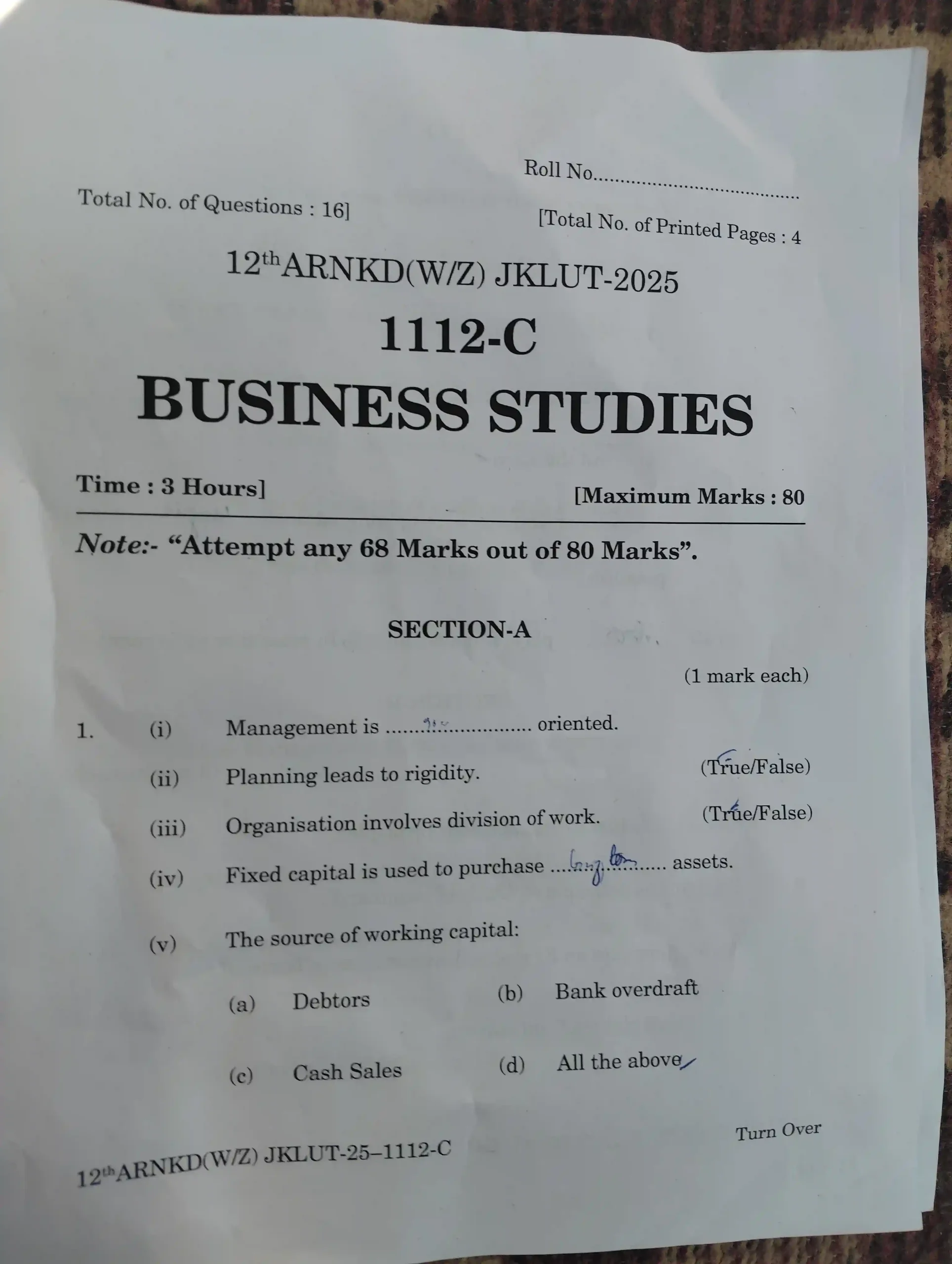 JKBOSE 12th Business Studies Paper 2025