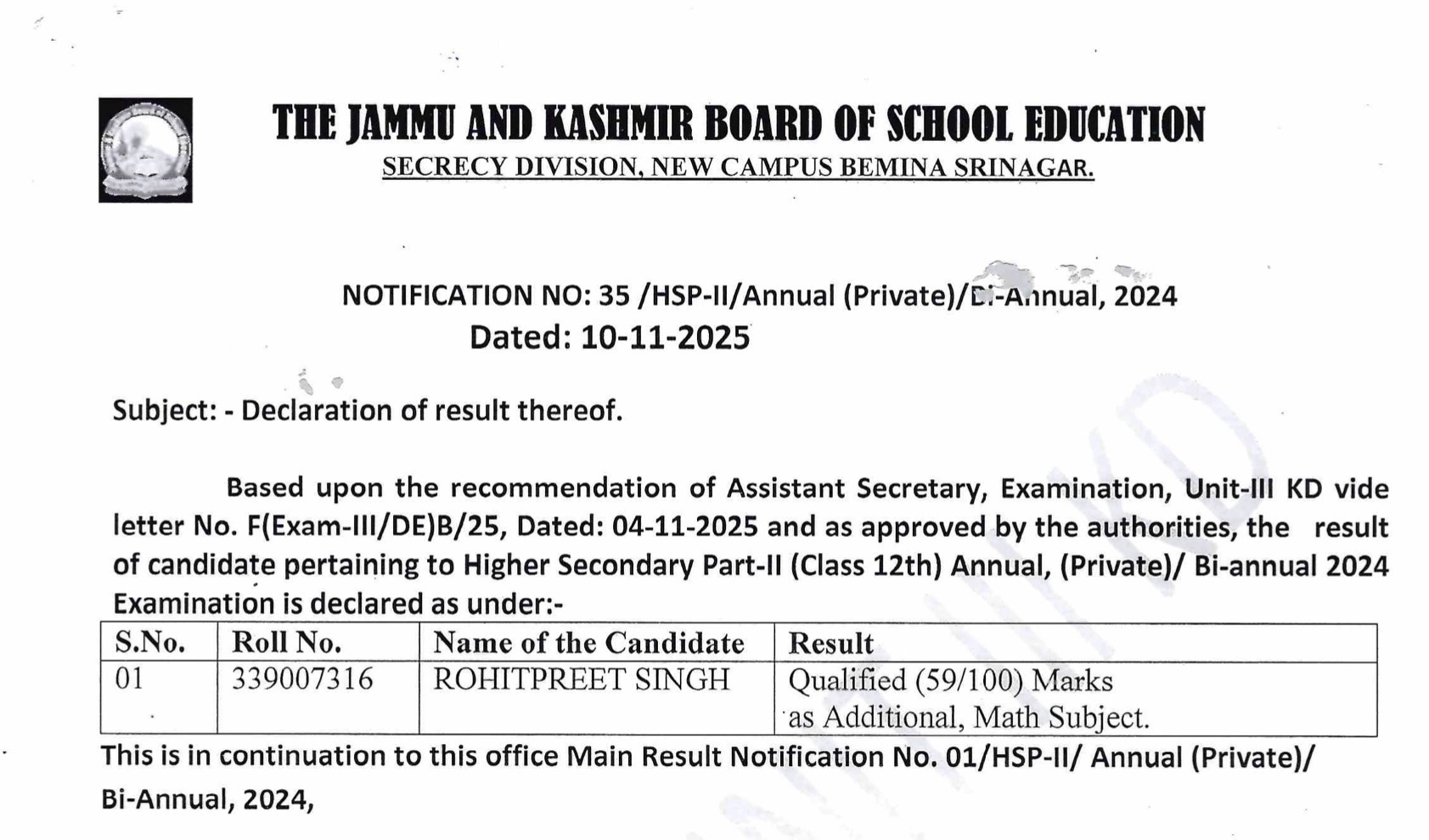 JKBOSE Result Notification 2025