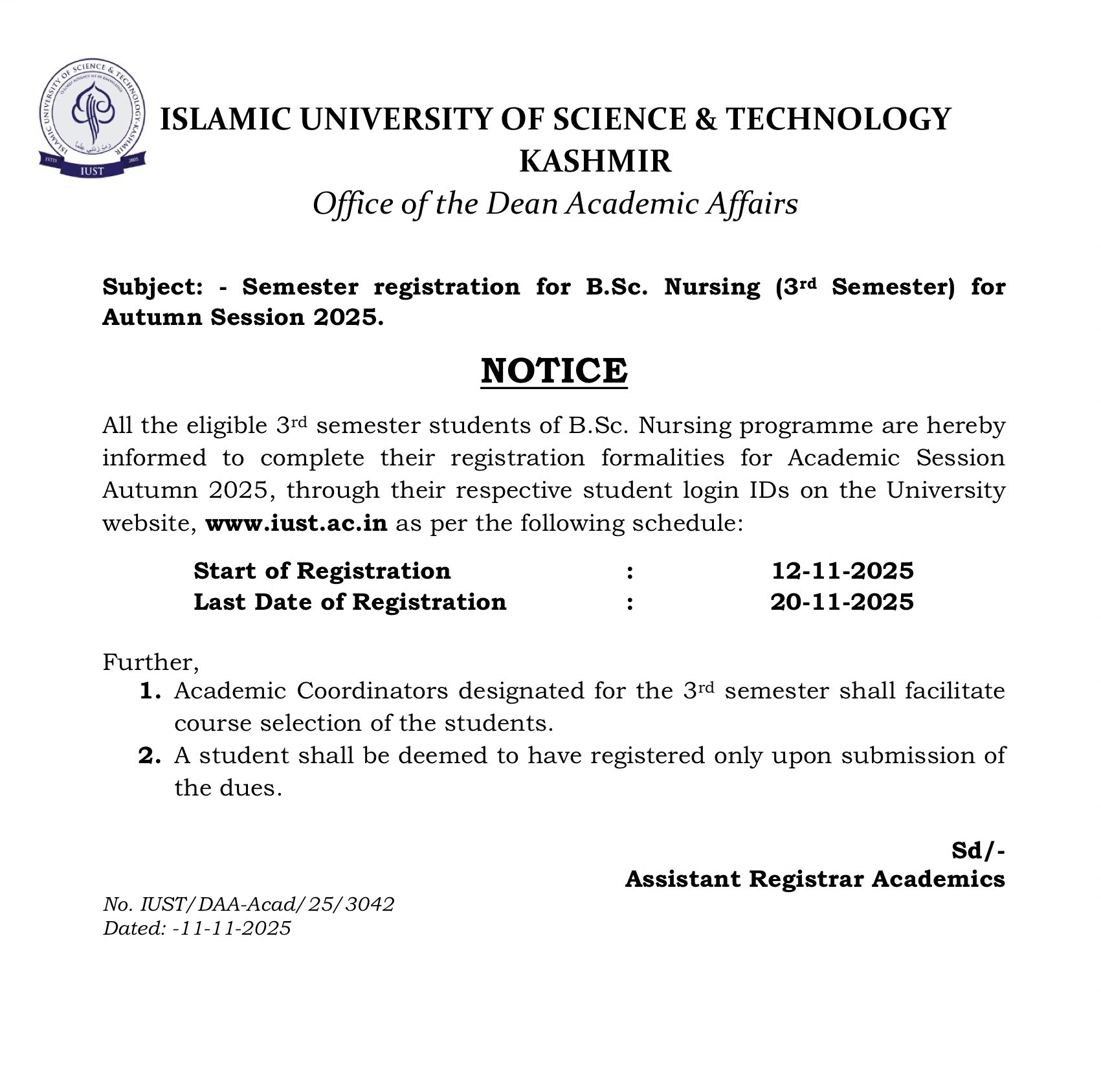 B.Sc Nursing 3rd Semester Registration