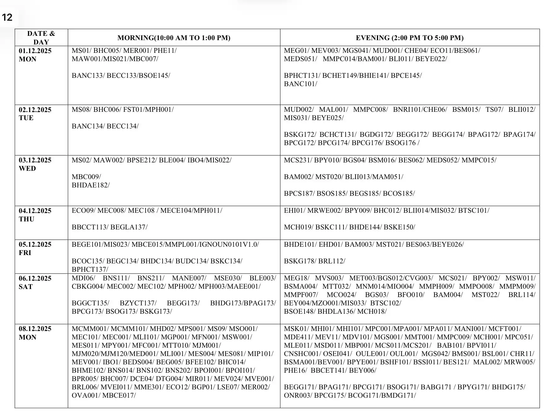 Revised Final Date Sheet for December 2025 TEE